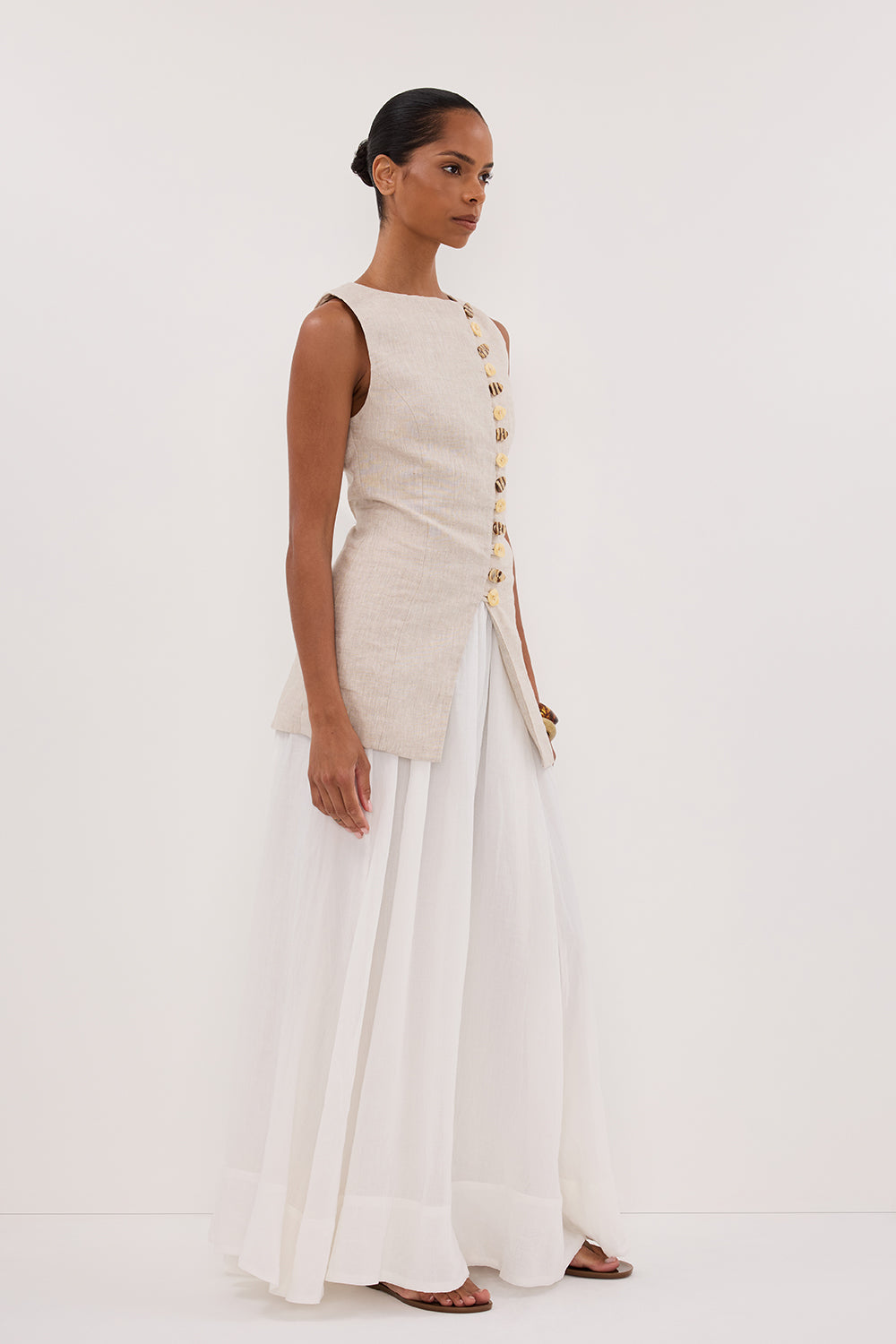 Baylee Linen Sleeveless Top with Adjustable Tie & Statement Buttons