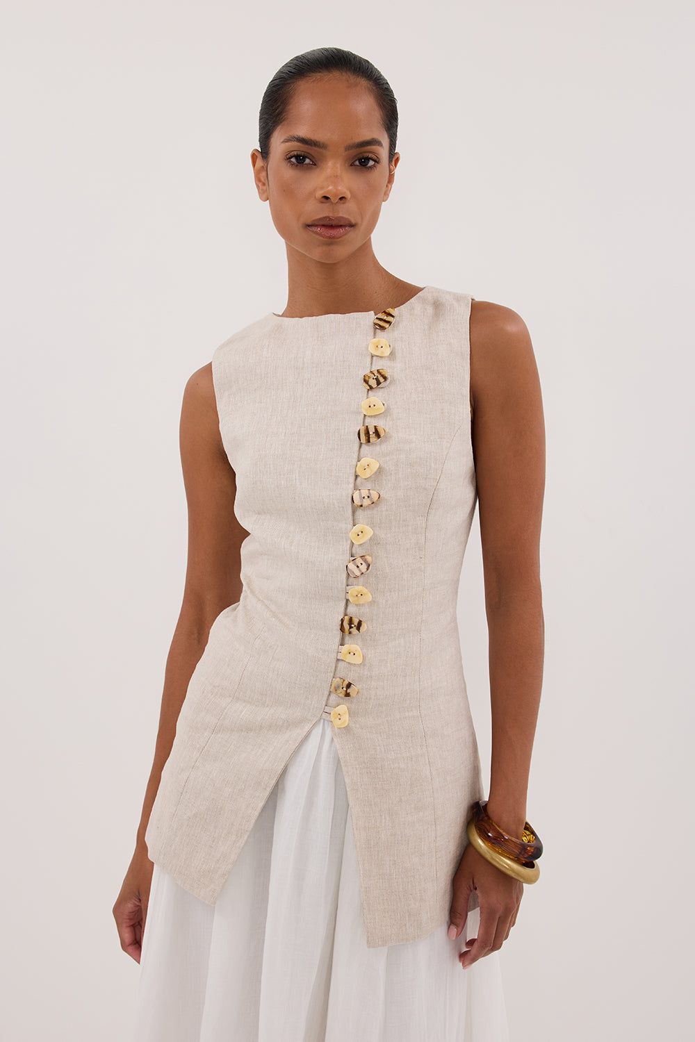 Baylee Linen Sleeveless Top with Adjustable Tie & Statement Buttons