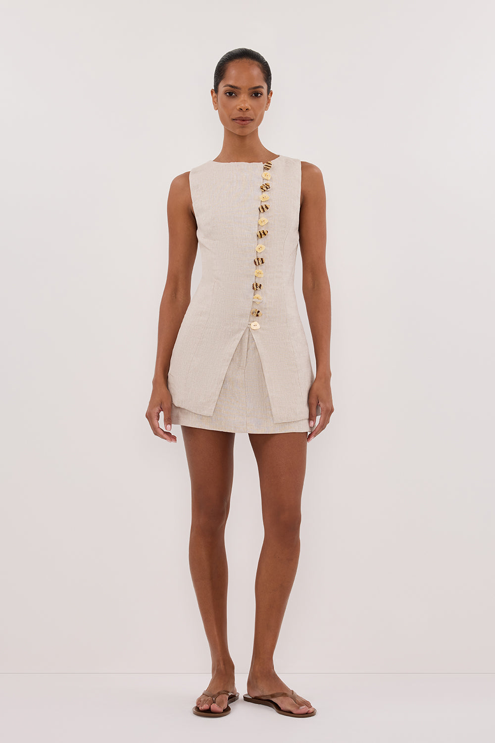 Baylee Linen Sleeveless Top with Adjustable Tie & Statement Buttons