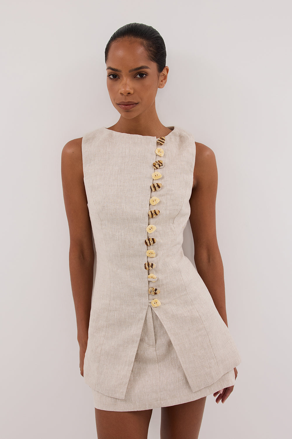 Baylee Linen Sleeveless Top with Adjustable Tie & Statement Buttons