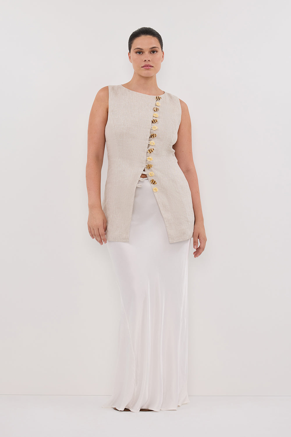 Baylee Linen Sleeveless Top with Adjustable Tie & Statement Buttons