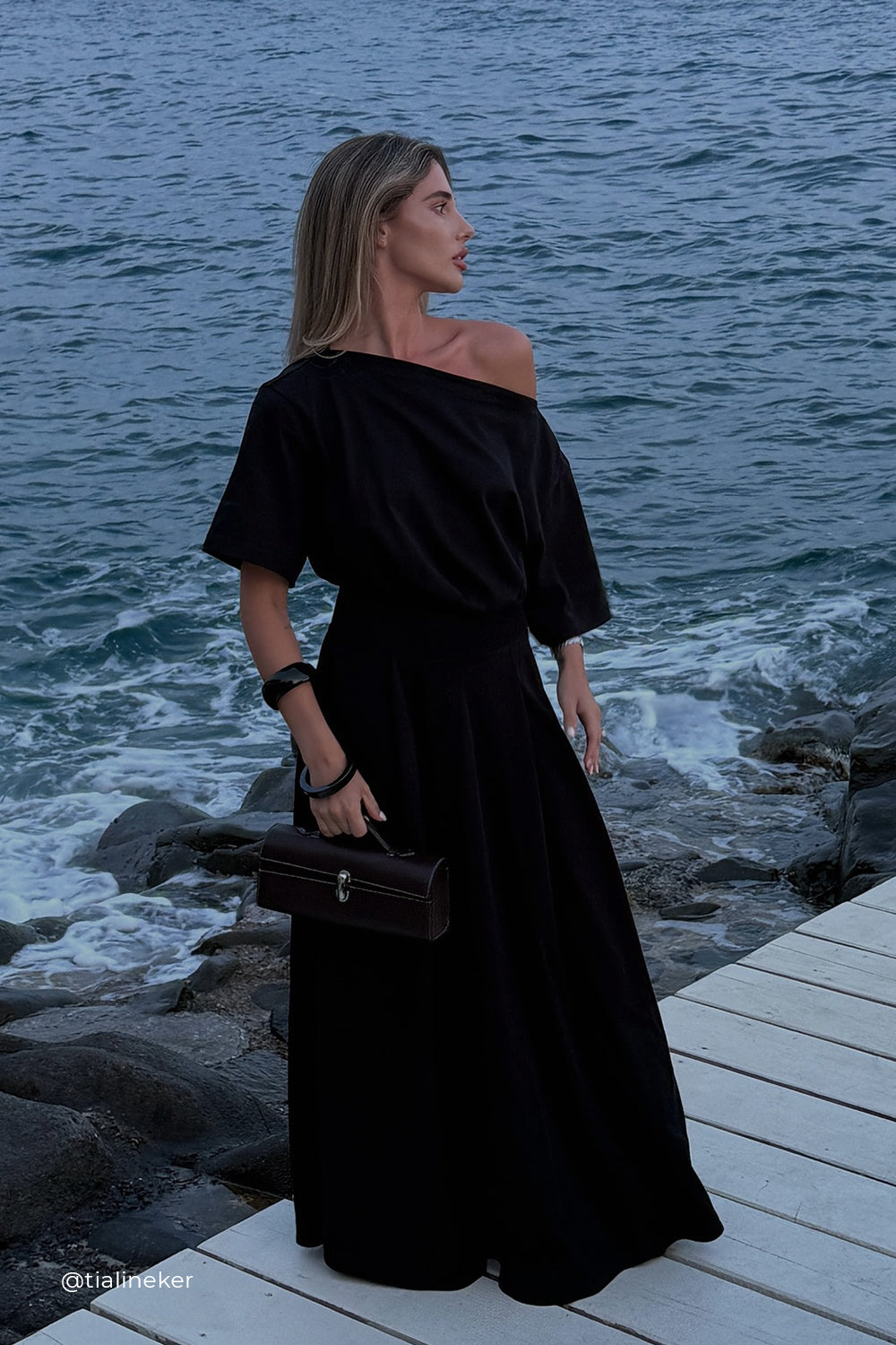 Black Asymmetrical Maxi Dress with Off-Shoulder Neckline – ESME