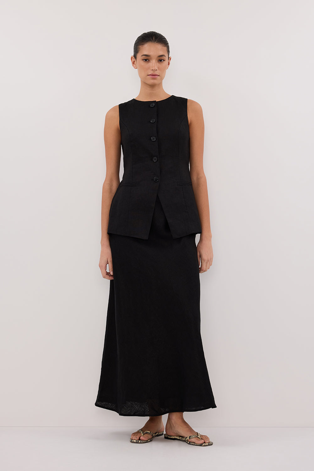 Tyra Black Linen Midi Skirt - High Rise Bias Cut with Invisible Zip