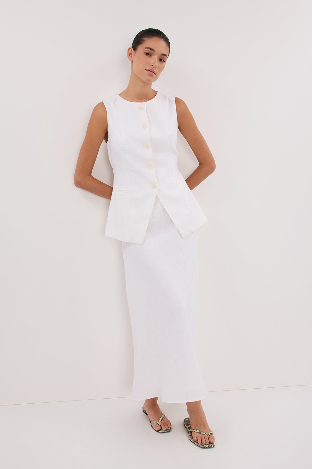 Tyra White Linen Midi Skirt - High Rise Bias Cut with Invisible Zip