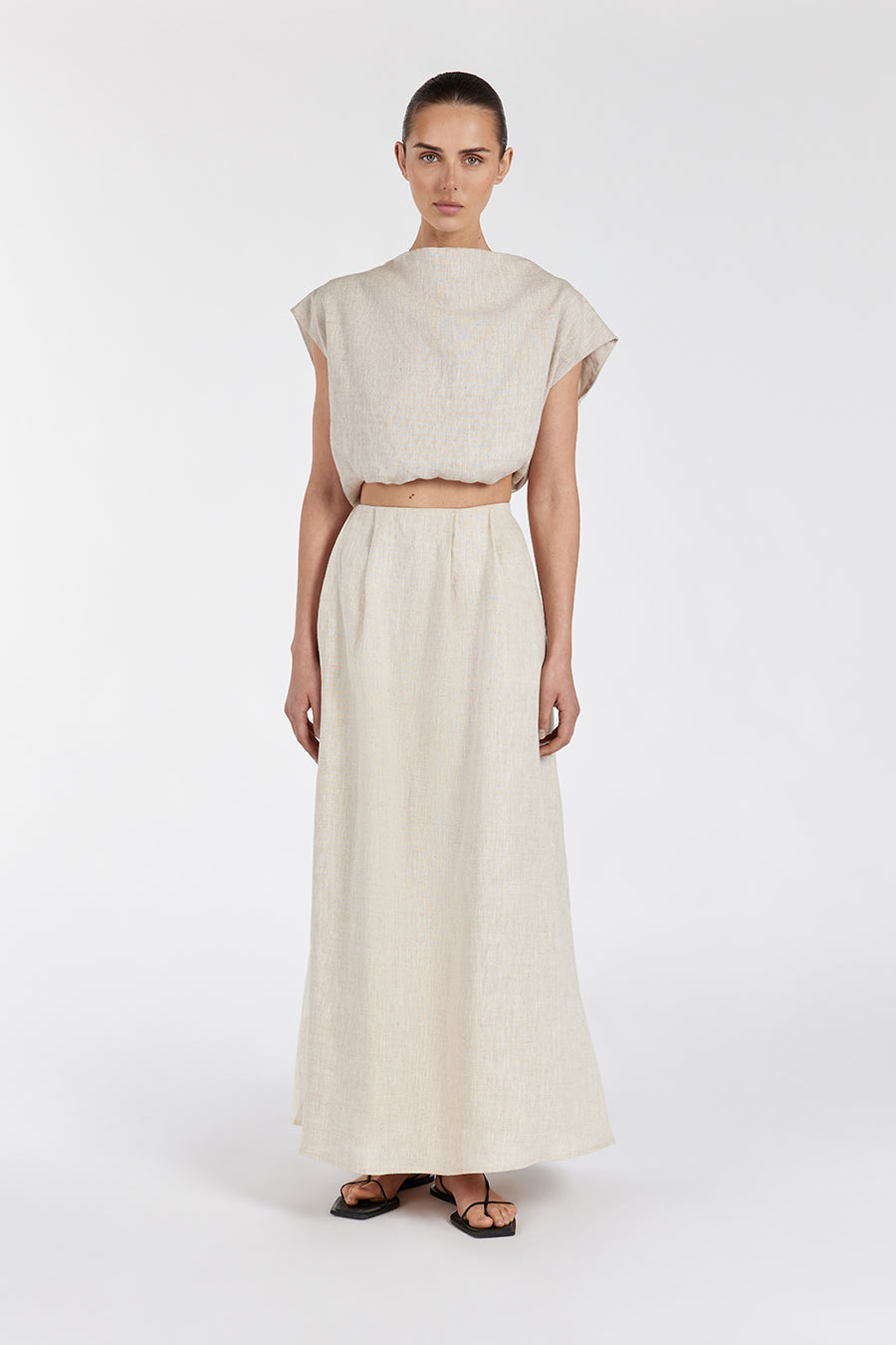 Amy Linen Bubble Top - Cap Sleeve Cropped Blouse with Elastic Waist