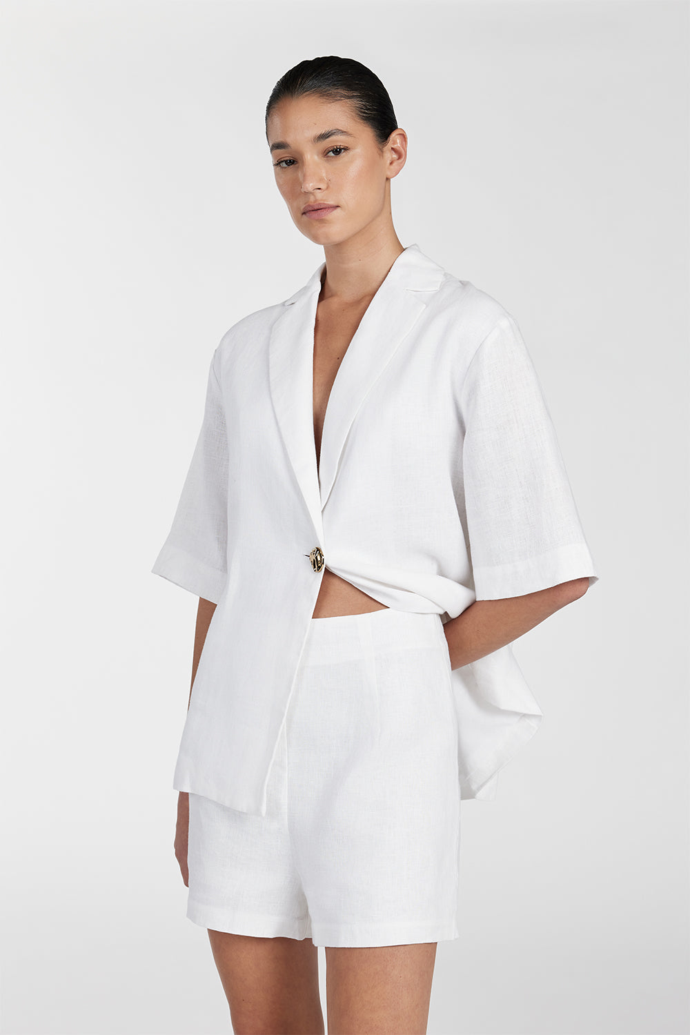 Cory High Rise White Linen Shorts with Back Zip