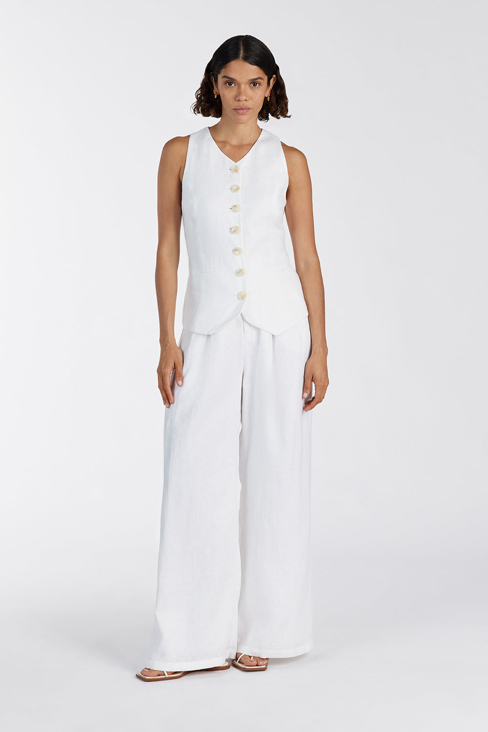 Women's White Linen Vest Sleeveless Adjustable Tailored Top