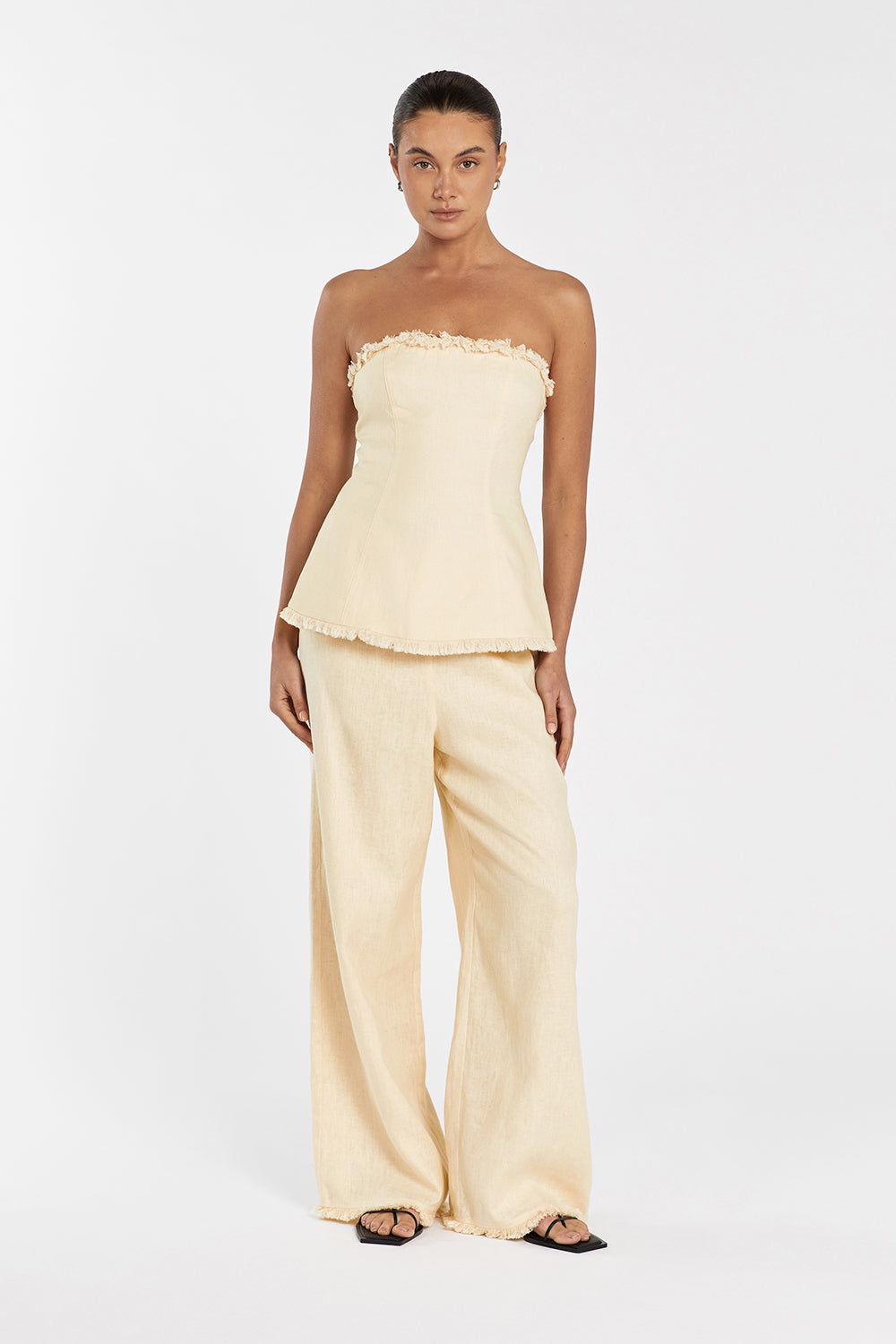 Zahara Linen Fringed Pants - High Rise Straight Leg Lemon