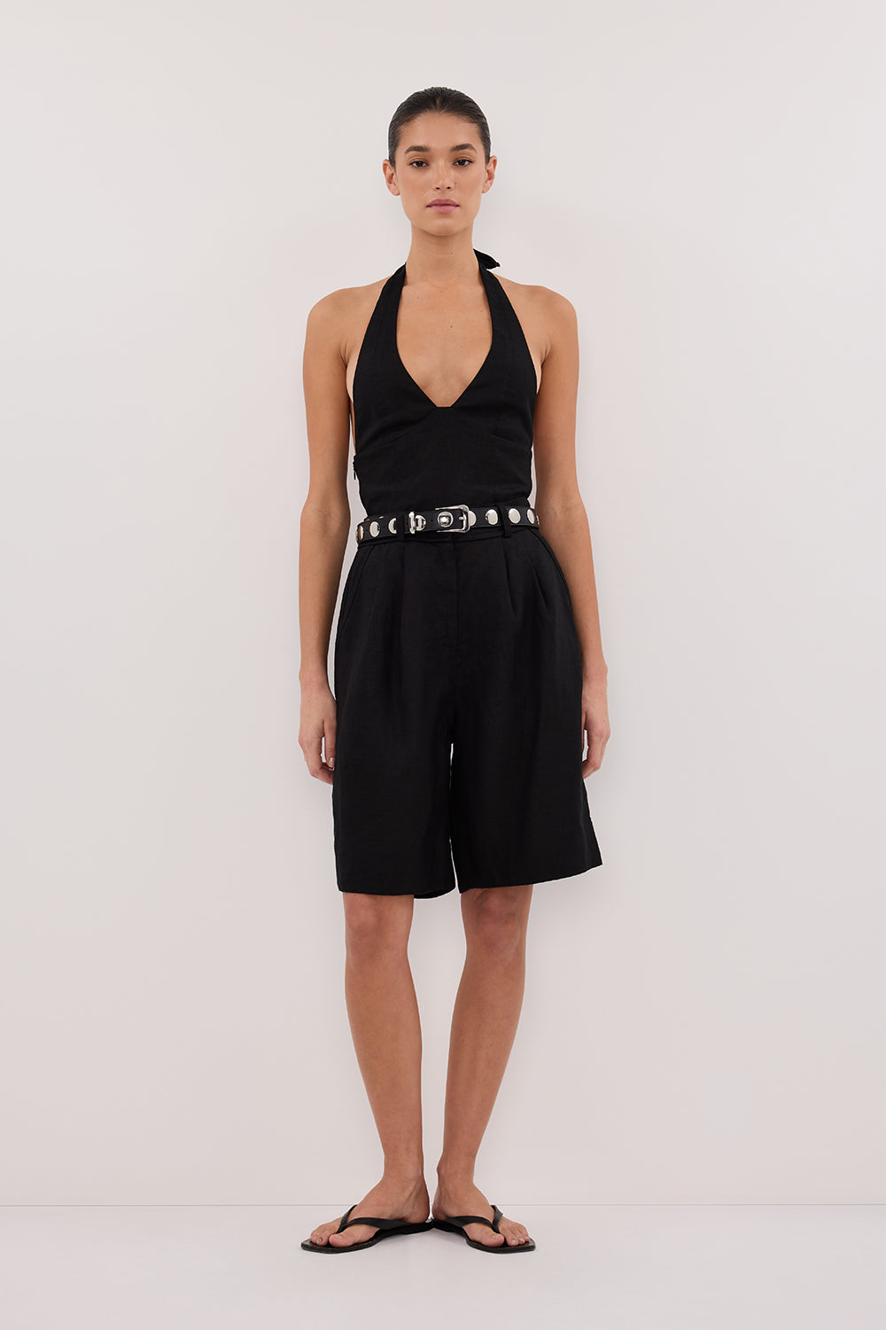Audrey Black Linen Halter Top with Open Back - Fitted Design
