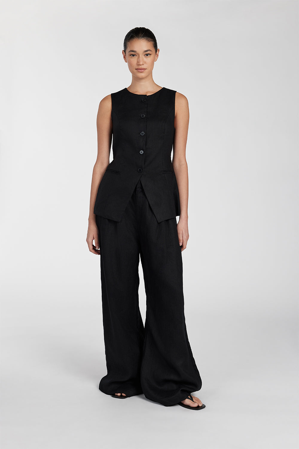 Alessia Black Linen Vest Top with Waist Tie & Button Front