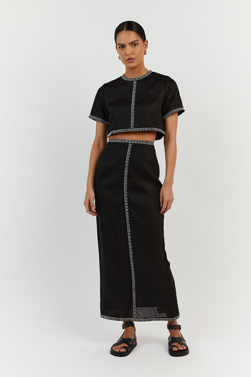 Bella Black Linen Crop Top with Keyhole Back Detail
