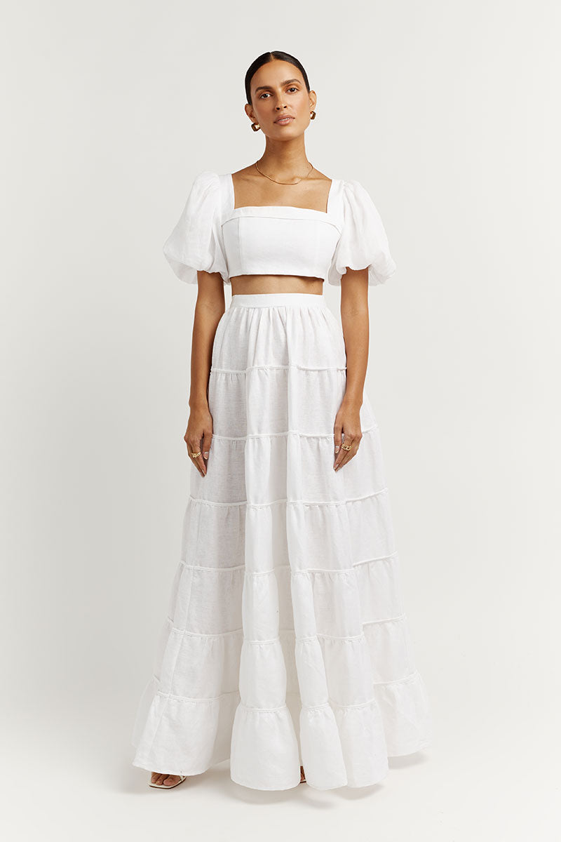 White Linen Crop Top with Bubble Sleeves & Square Neck