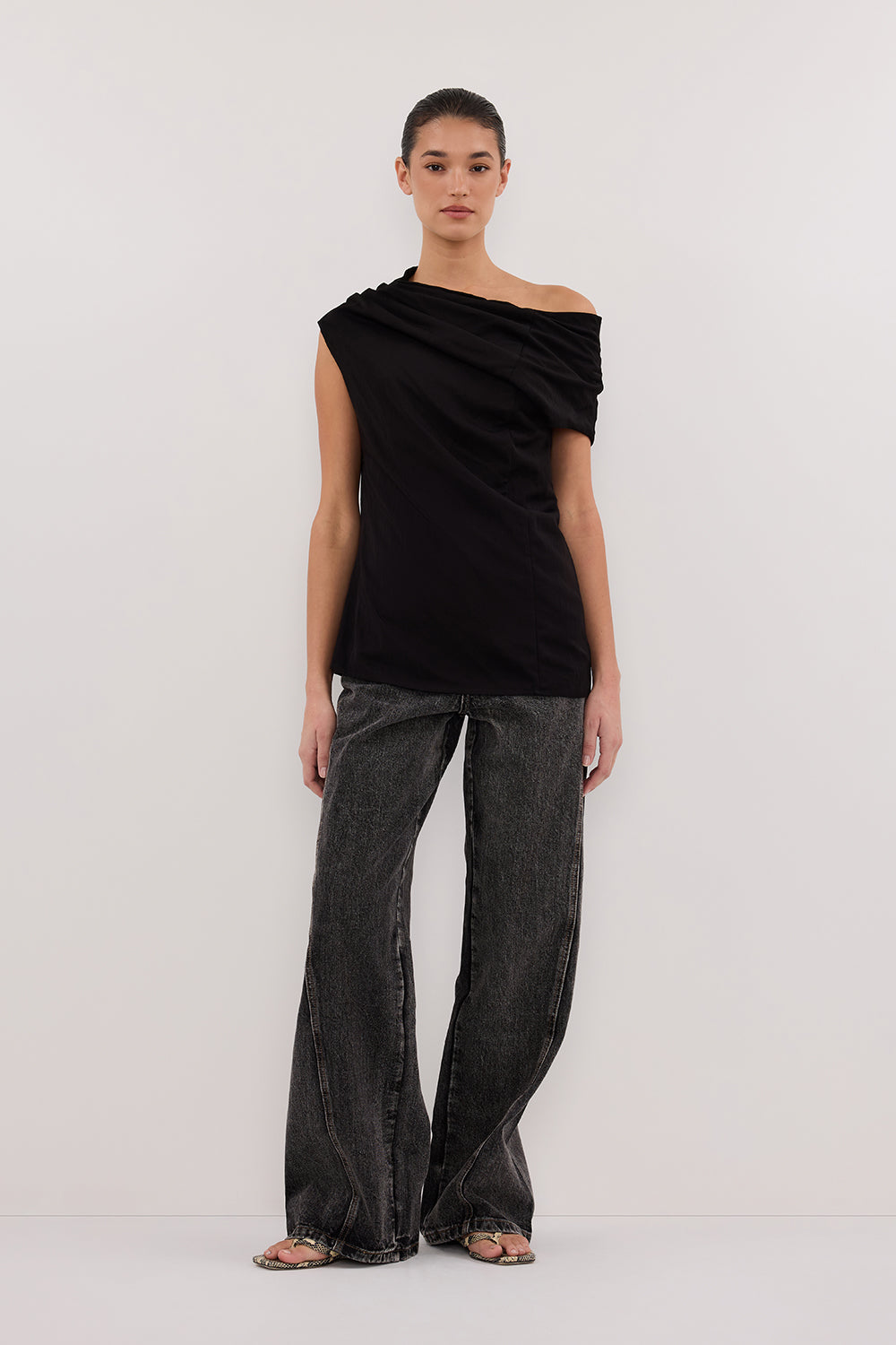 Andy Black Off Shoulder Asymmetrical Draped Top