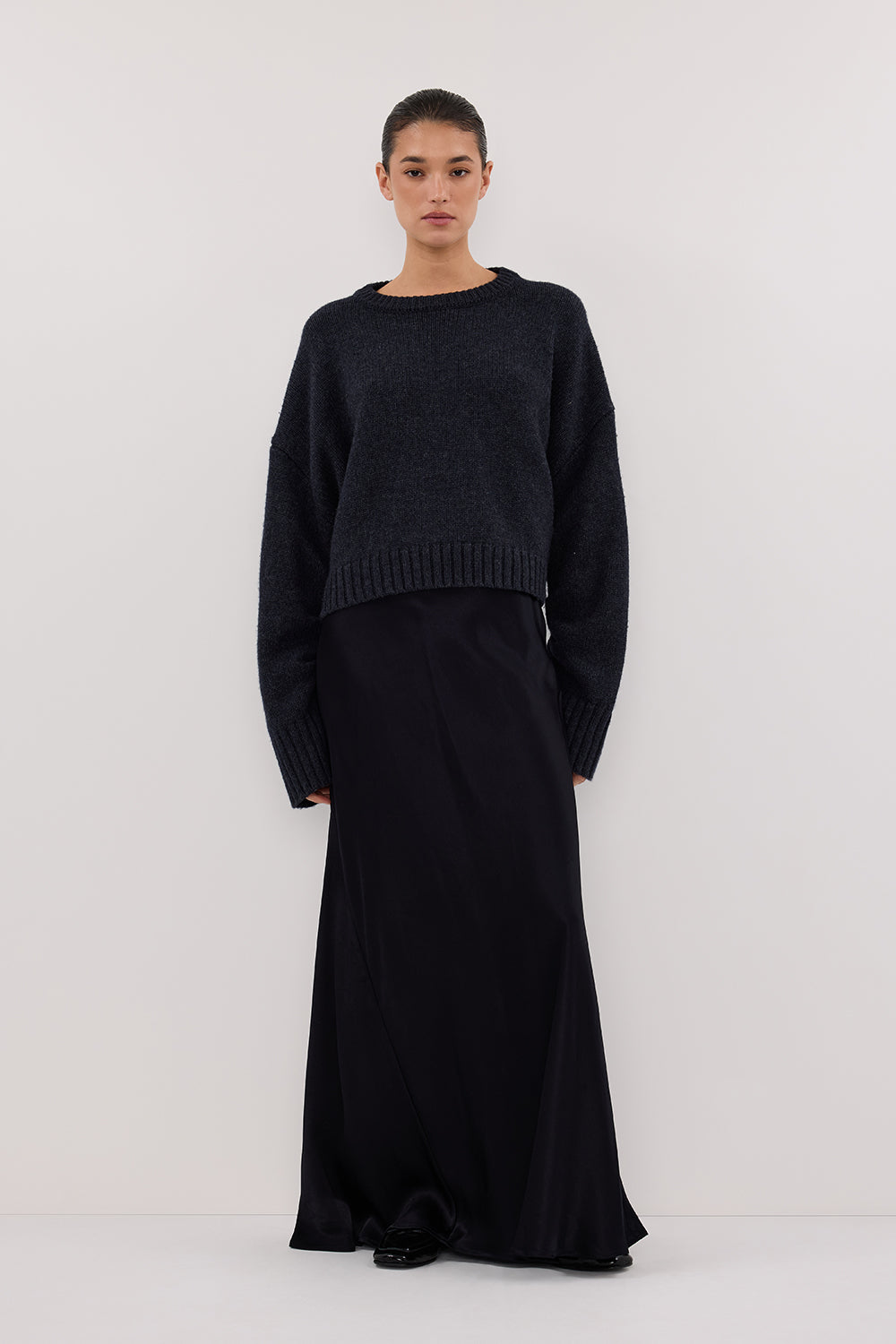 Charli Ink Satin Maxi Skirt - Navy Blue with Side Panel Detail