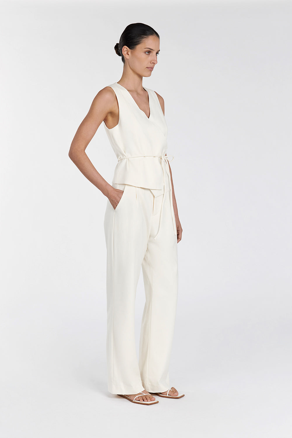 Dylan High Rise Relaxed Cream Pants with Side Pockets