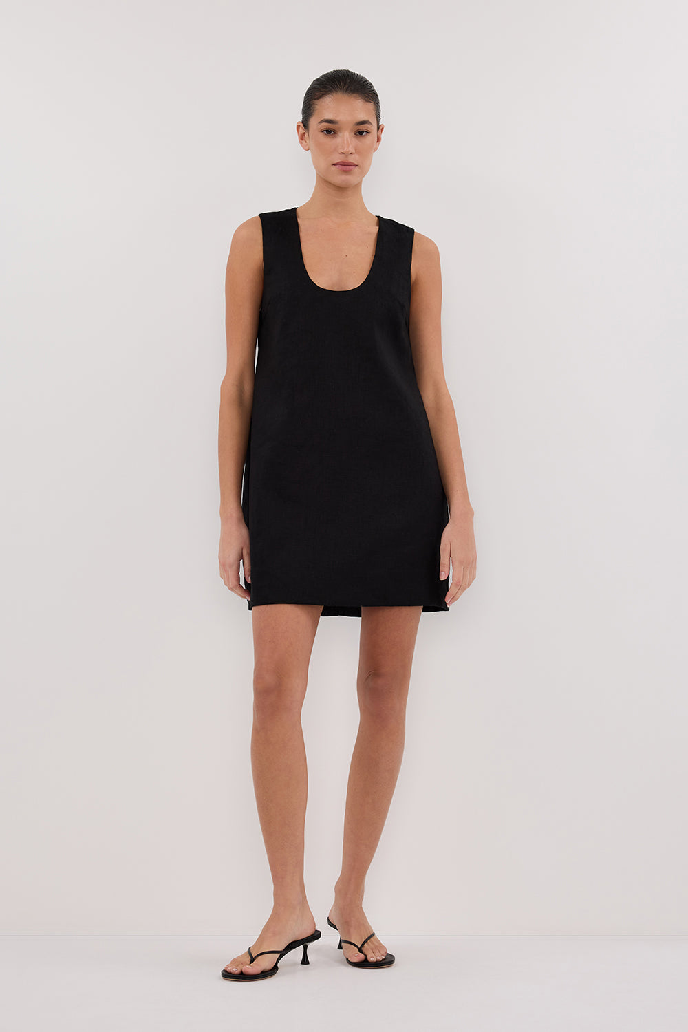 Black Linen Mini Dress - Sleeveless Scoop Neck Lotus Design