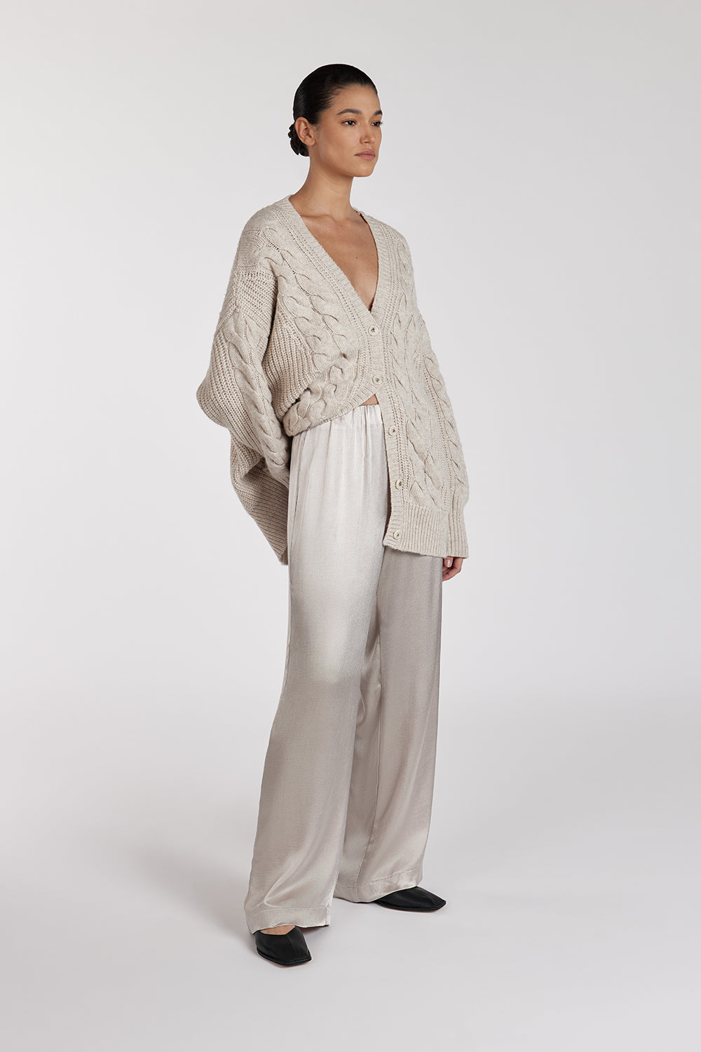 Eve High Rise Satin Pants - Relaxed Straight Leg Chalk