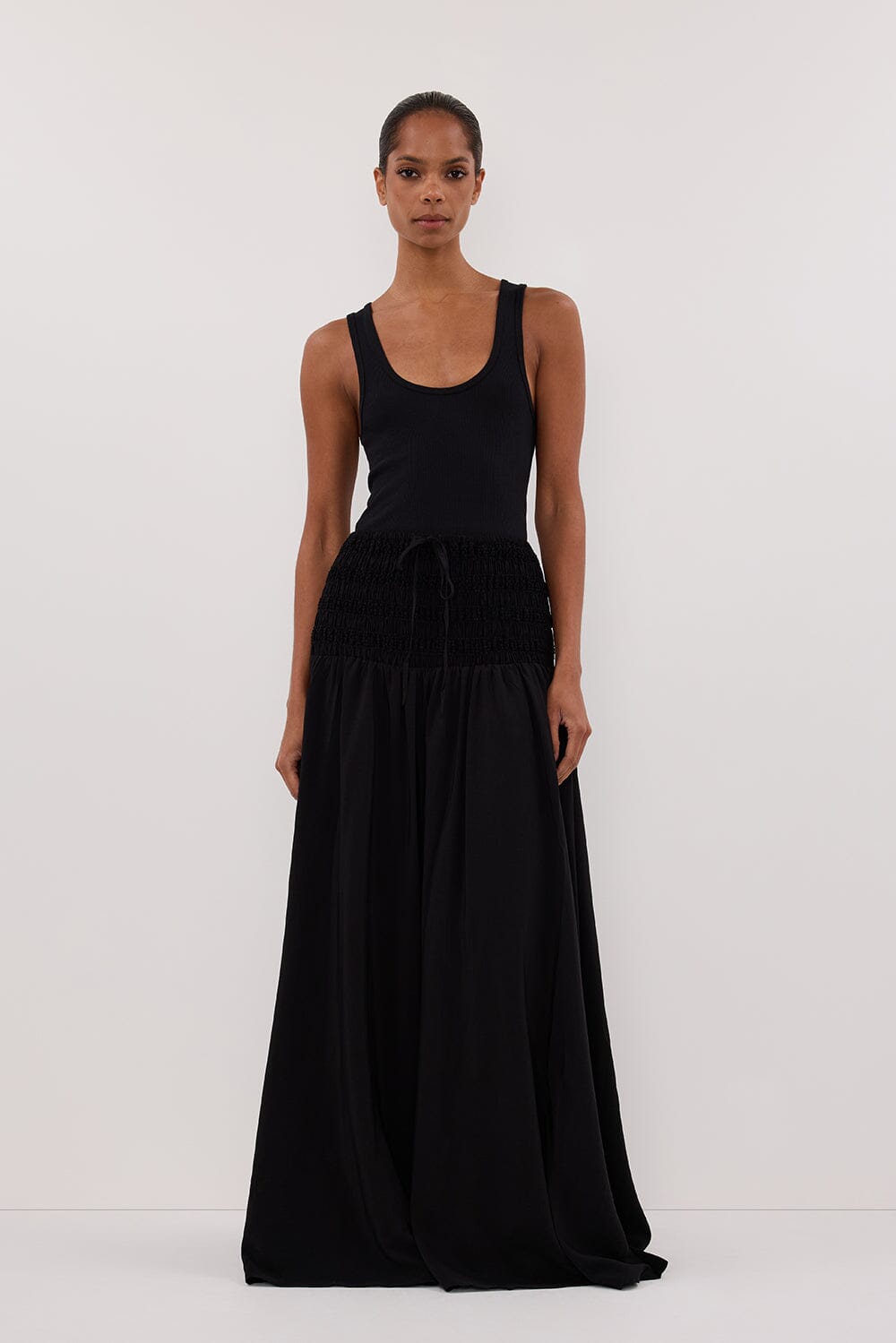 Black Textured Midi Skirt with Adjustable Waist Tie