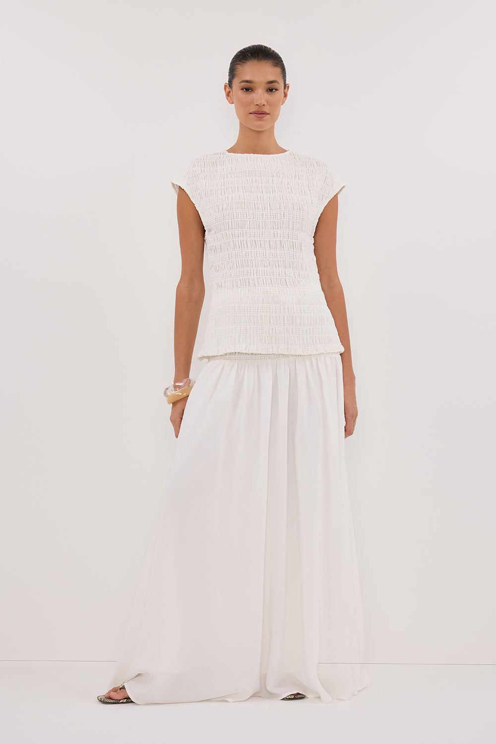 White Textured Midi Skirt with Adjustable Waist Tie