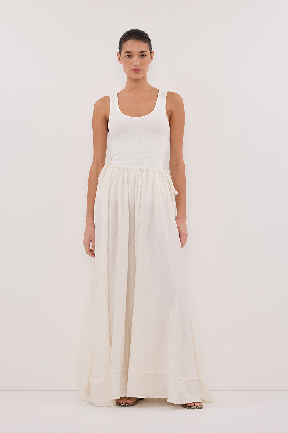 Shaniya Cream Marle Boho Maxi Skirt with Elastic Waist & Side Ties
