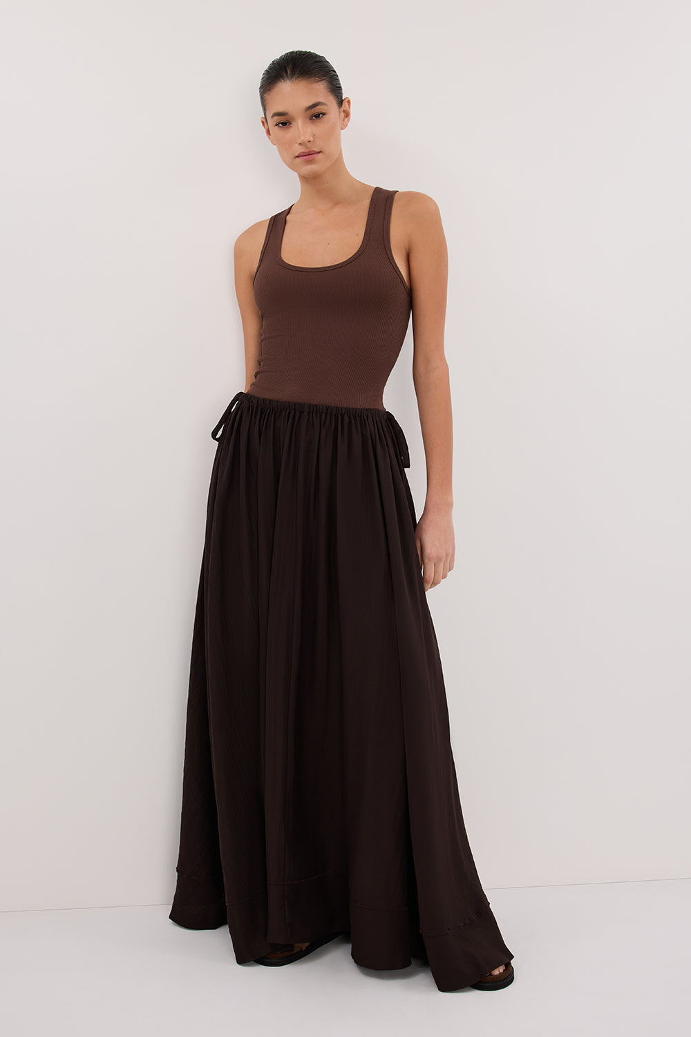 Shaniya Bitter Chocolate Boho Maxi Skirt with Adjustable Ties