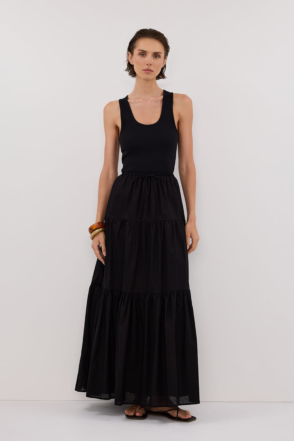 Black Linen Maxi Skirt with Tiered Gathering & Drawstring Waist