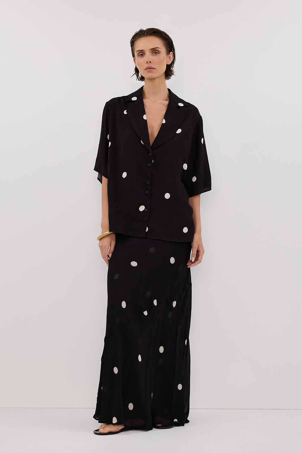 Laura Black Spot Print Midi Skirt with Sheer Double Layers