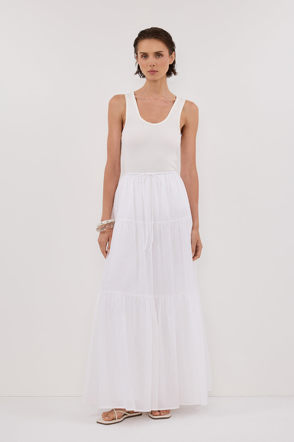 Fletcher White Linen Tiered Maxi Skirt with Drawstring