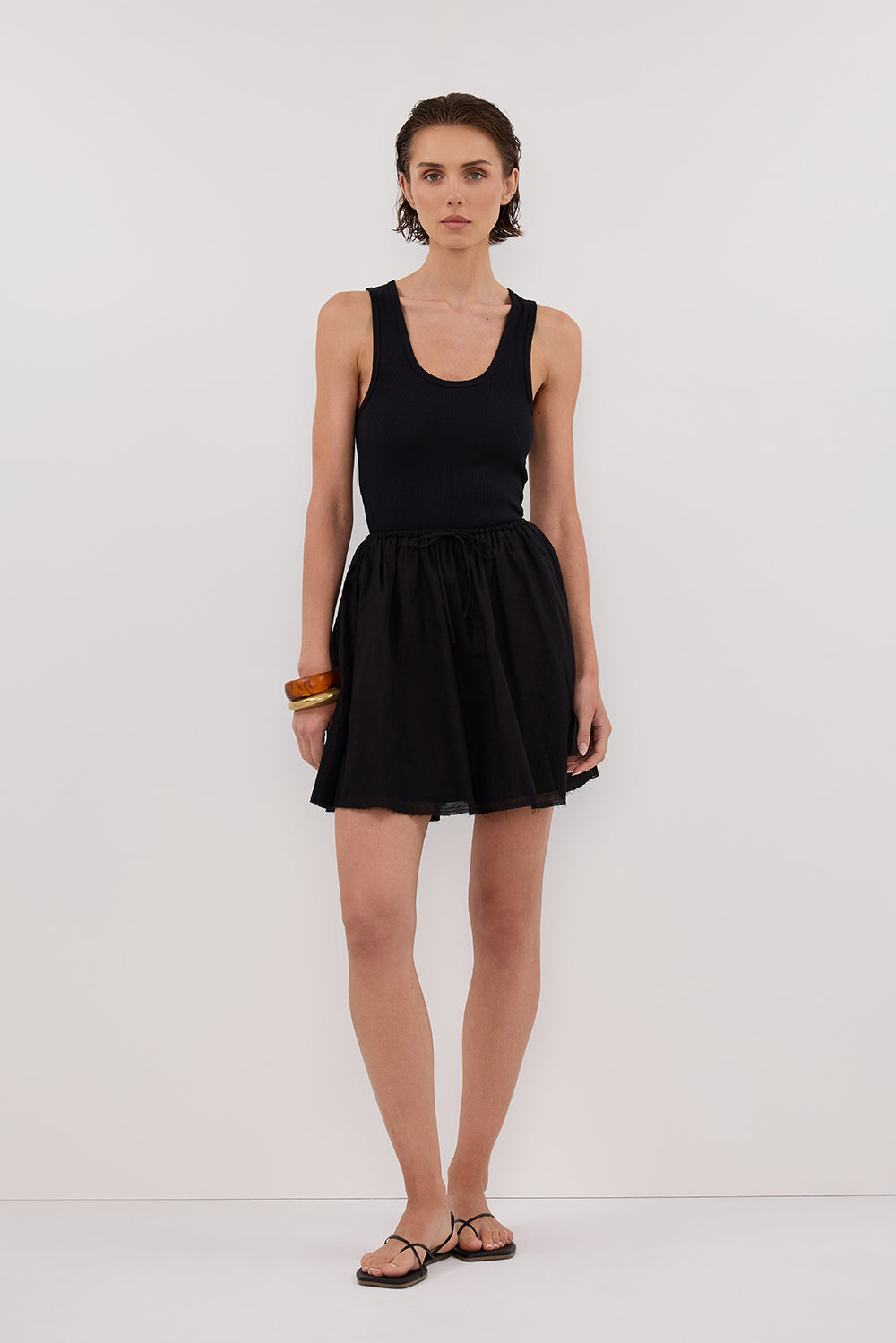 Black Drawstring Mini Skirt with Elastic Waistband & Raw Hem