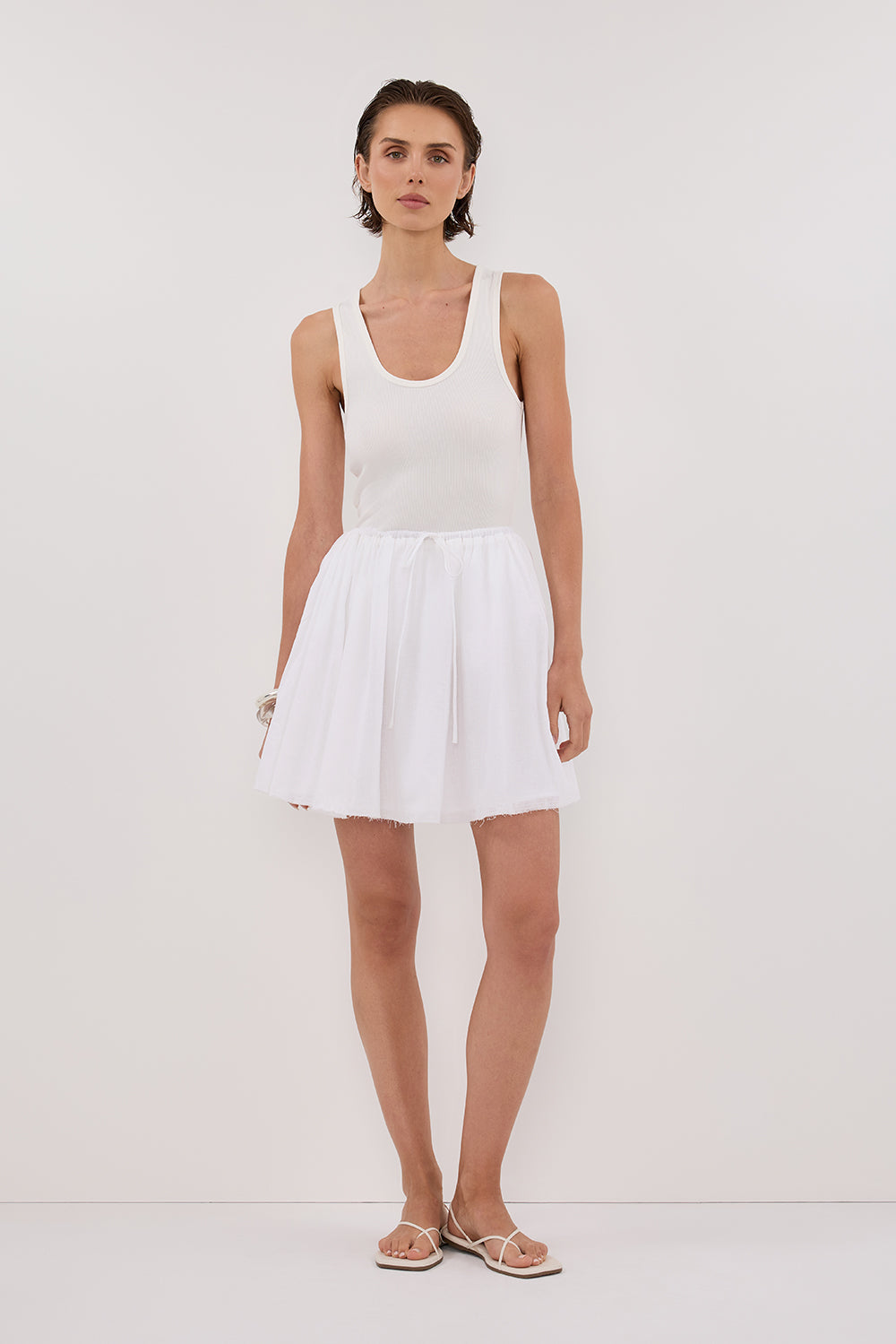 White Drawstring Mini Skirt with Raw Hem & Elastic Waistband