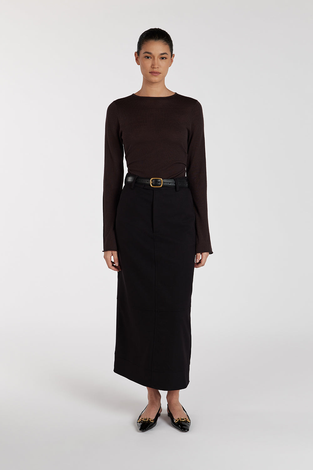 JAC Black High Waist Midi Skirt with Pockets & Back Split