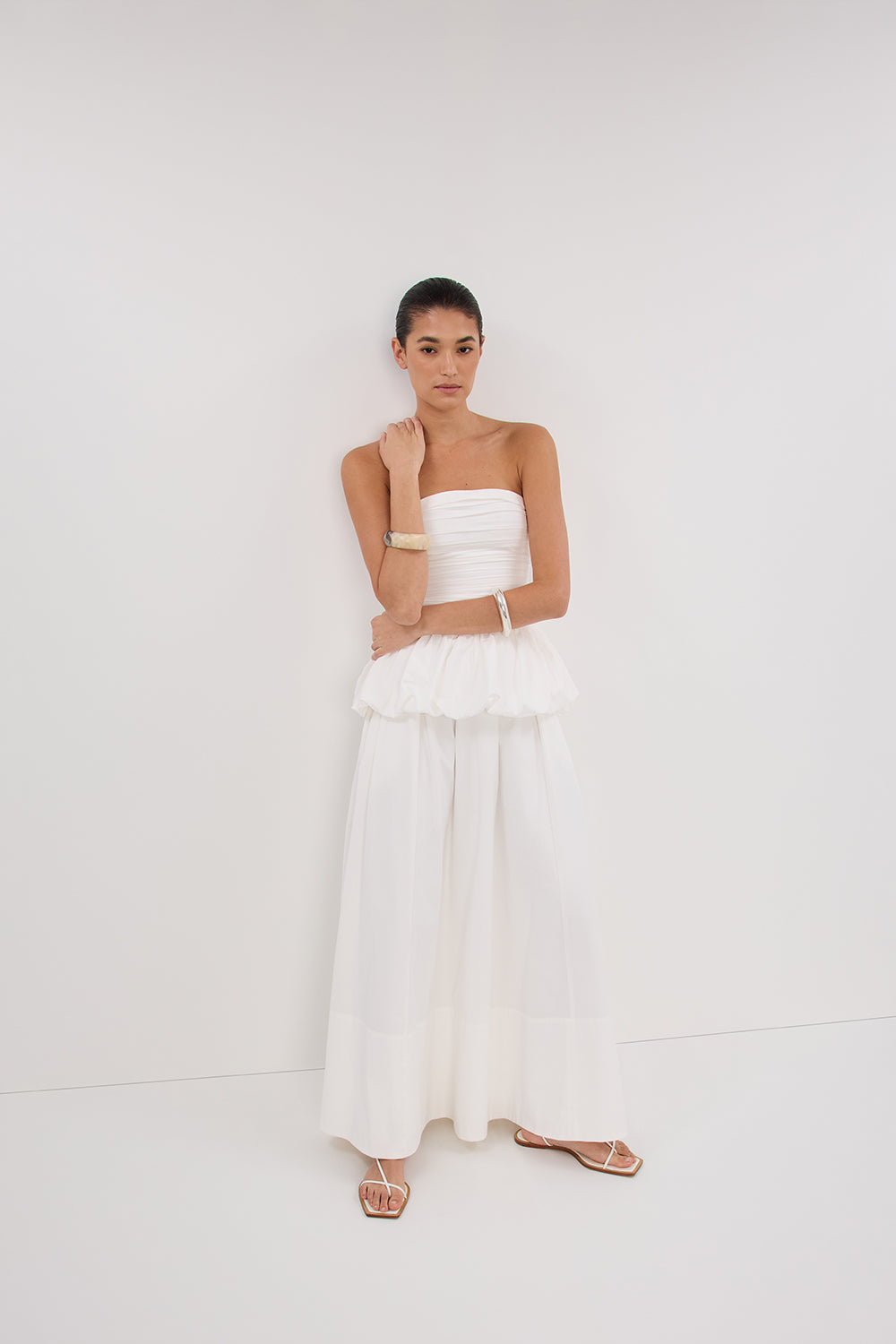 Kirsty White High Waist Poplin Circle Skirt - Elastic Waistband Midi
