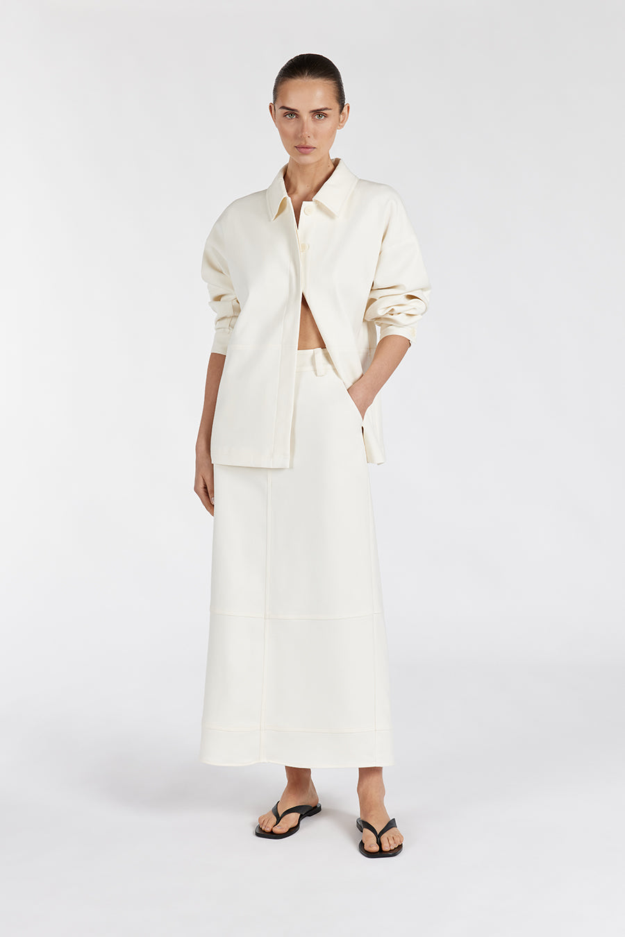 Jac Cream High-Rise Midi Skirt with Pockets & Back Split