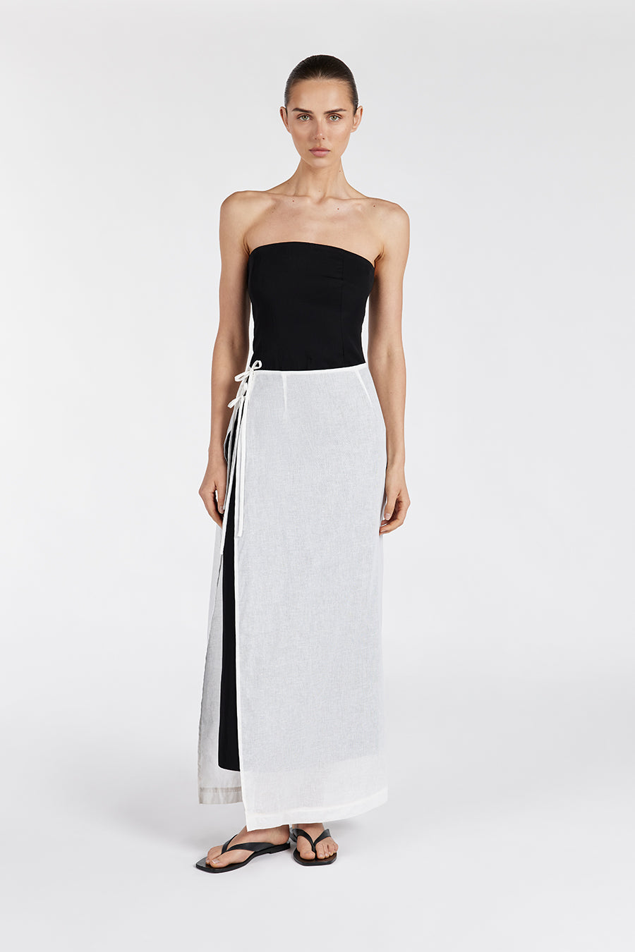 White Linen Wrap Sarong Skirt with Side Tie Closure