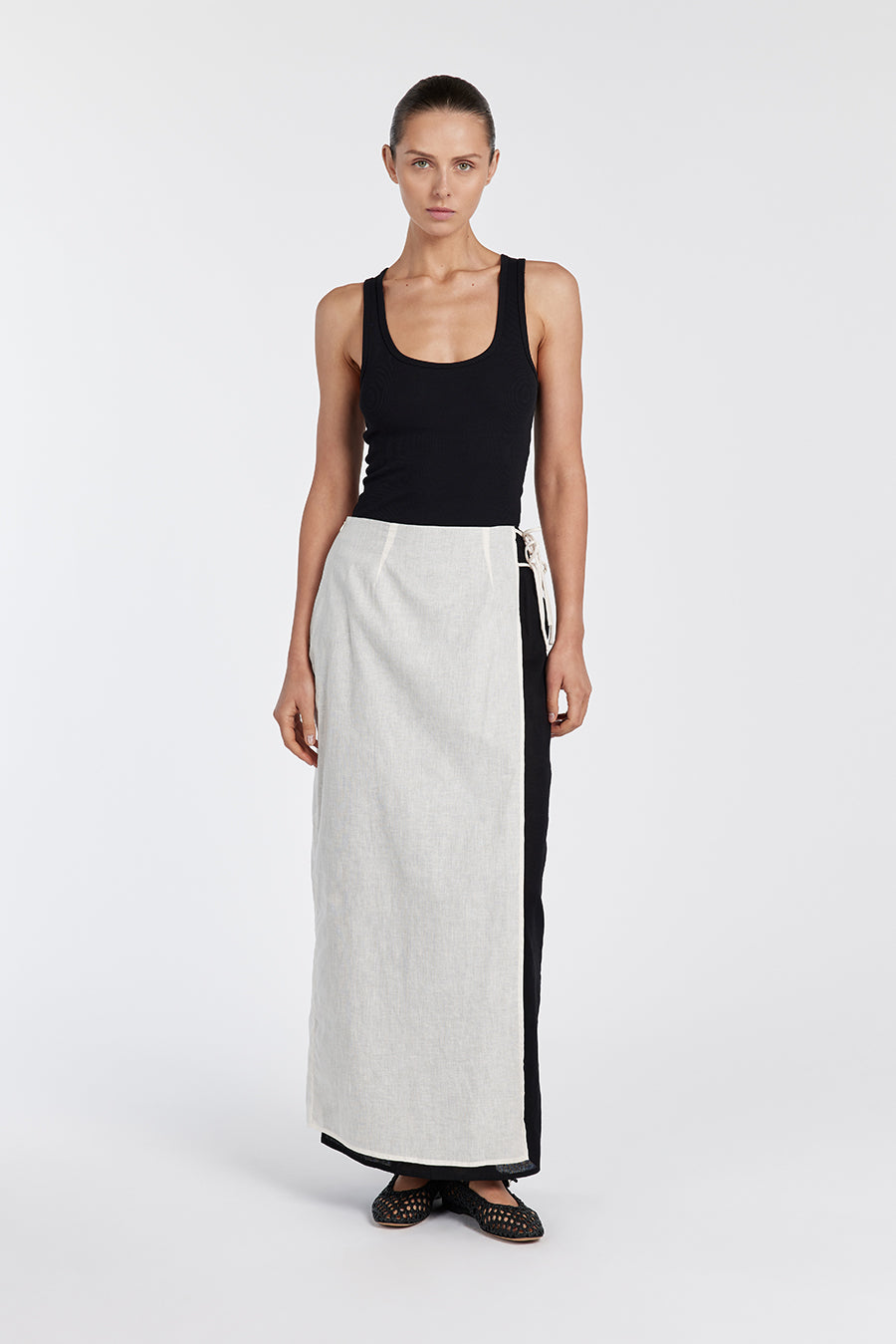 Linen Wrap Midi Skirt with Ties - Megan Cream/Black