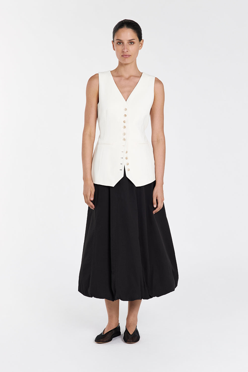 Rickie Black High-Rise Cotton Midi Skirt with Belt Loops