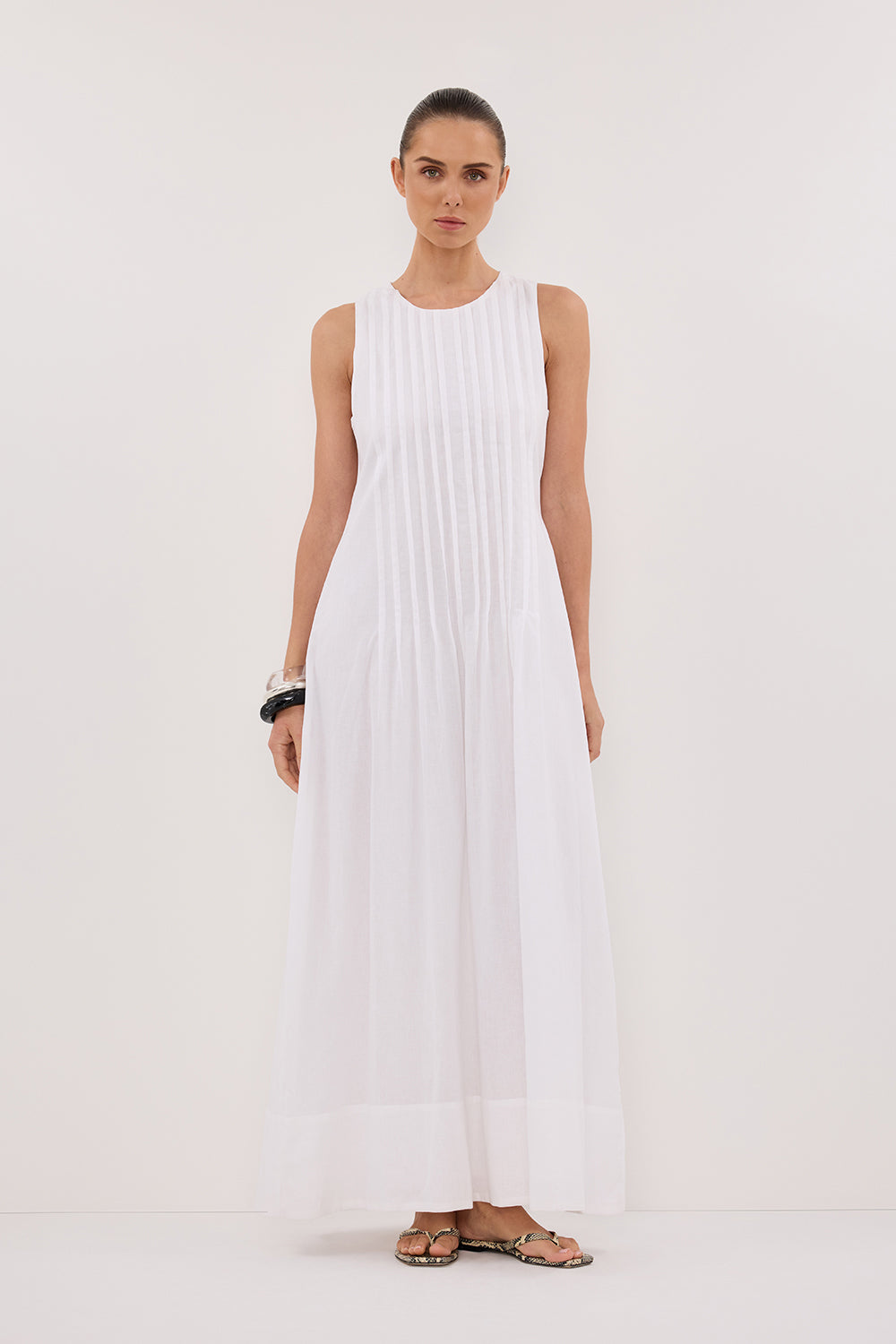 White Linen Midi Dress with Pintuck Detailing & Back Zip – MILO
