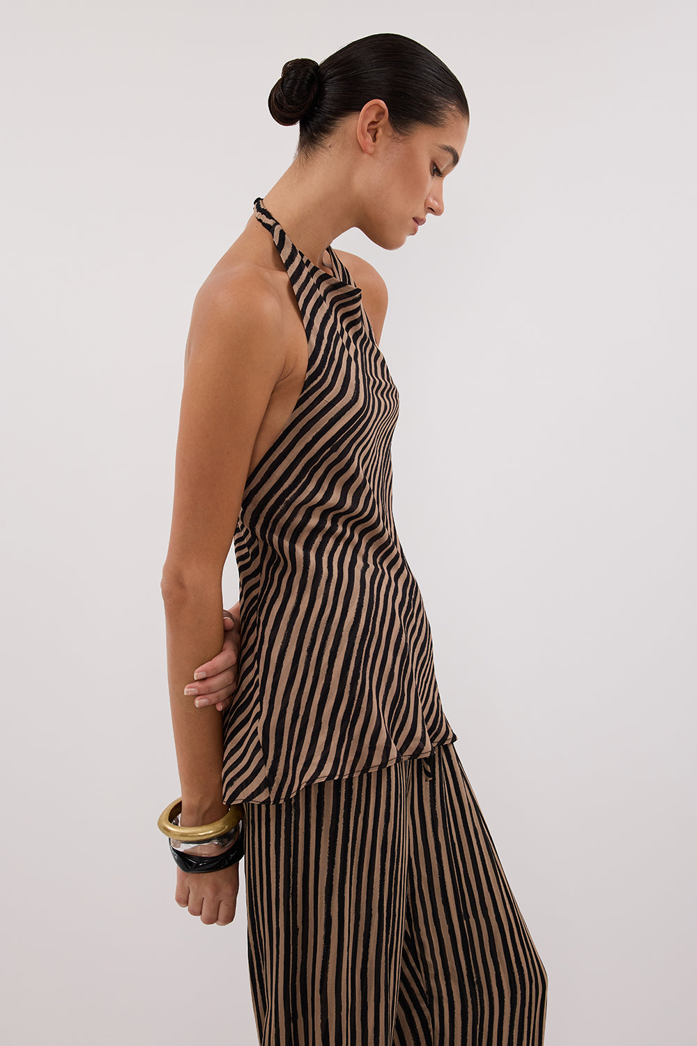 Charli Tan Striped Halter Top - Sleeveless Open Back Design