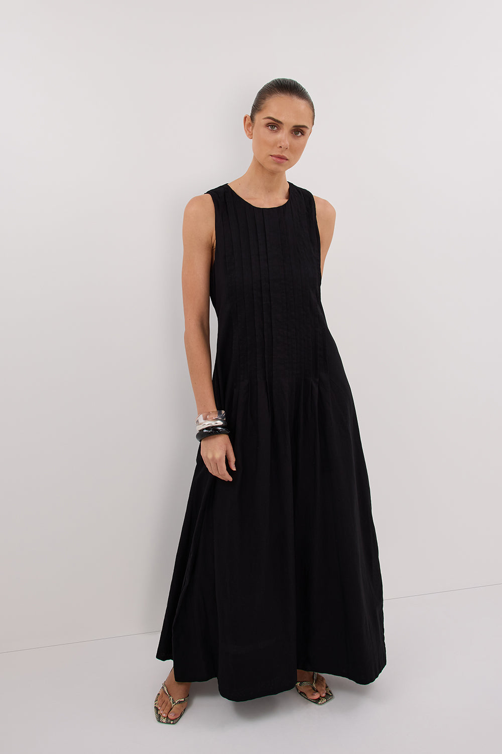 Milo Black Linen Midi Dress - Sleeveless A-Line with Pintuck Detail
