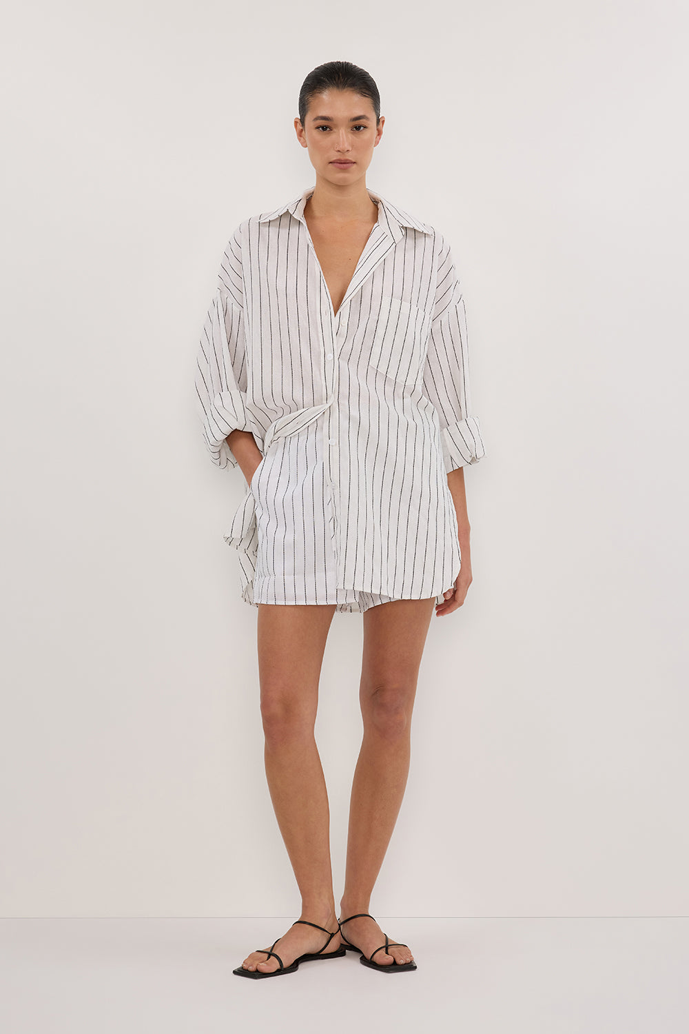 Ollie Oversized White Stripe Shirt – Collared Long Sleeve Button-Up