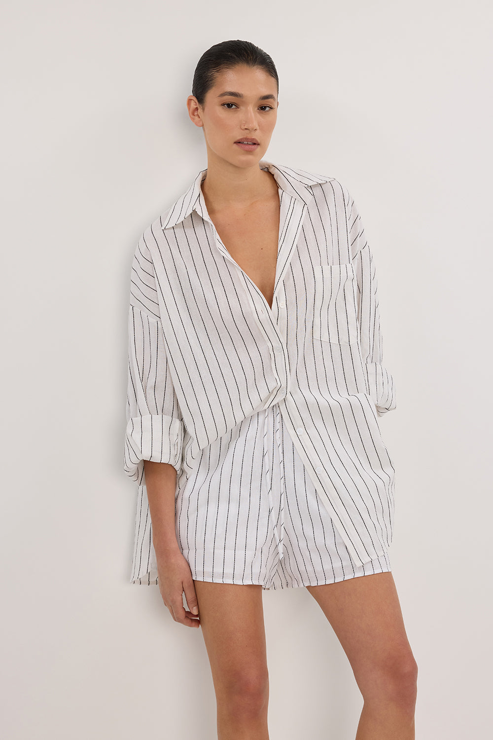 Ollie Oversized White Stripe Shirt – Collared Long Sleeve Button-Up