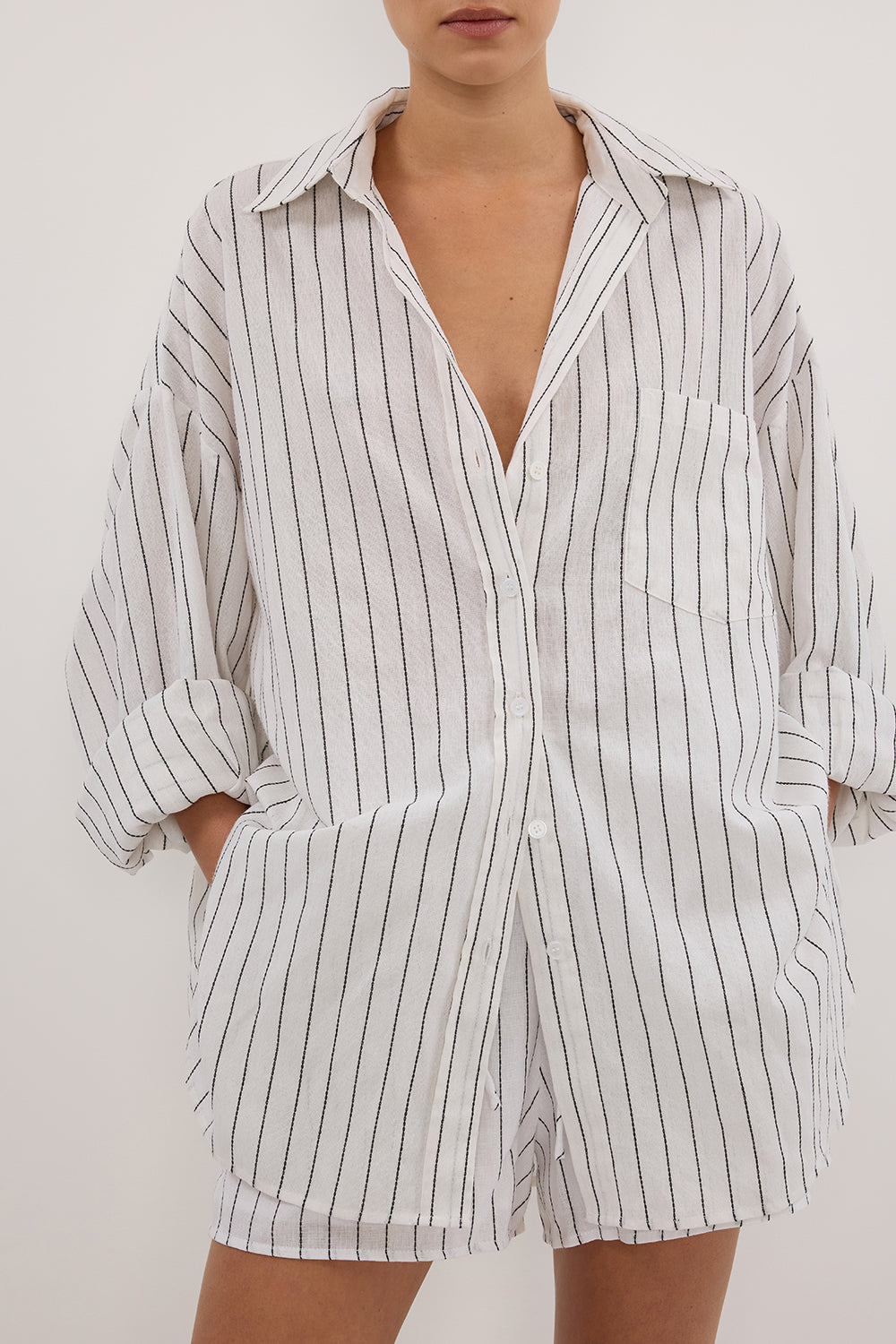 Ollie Oversized White Stripe Shirt – Collared Long Sleeve Button-Up