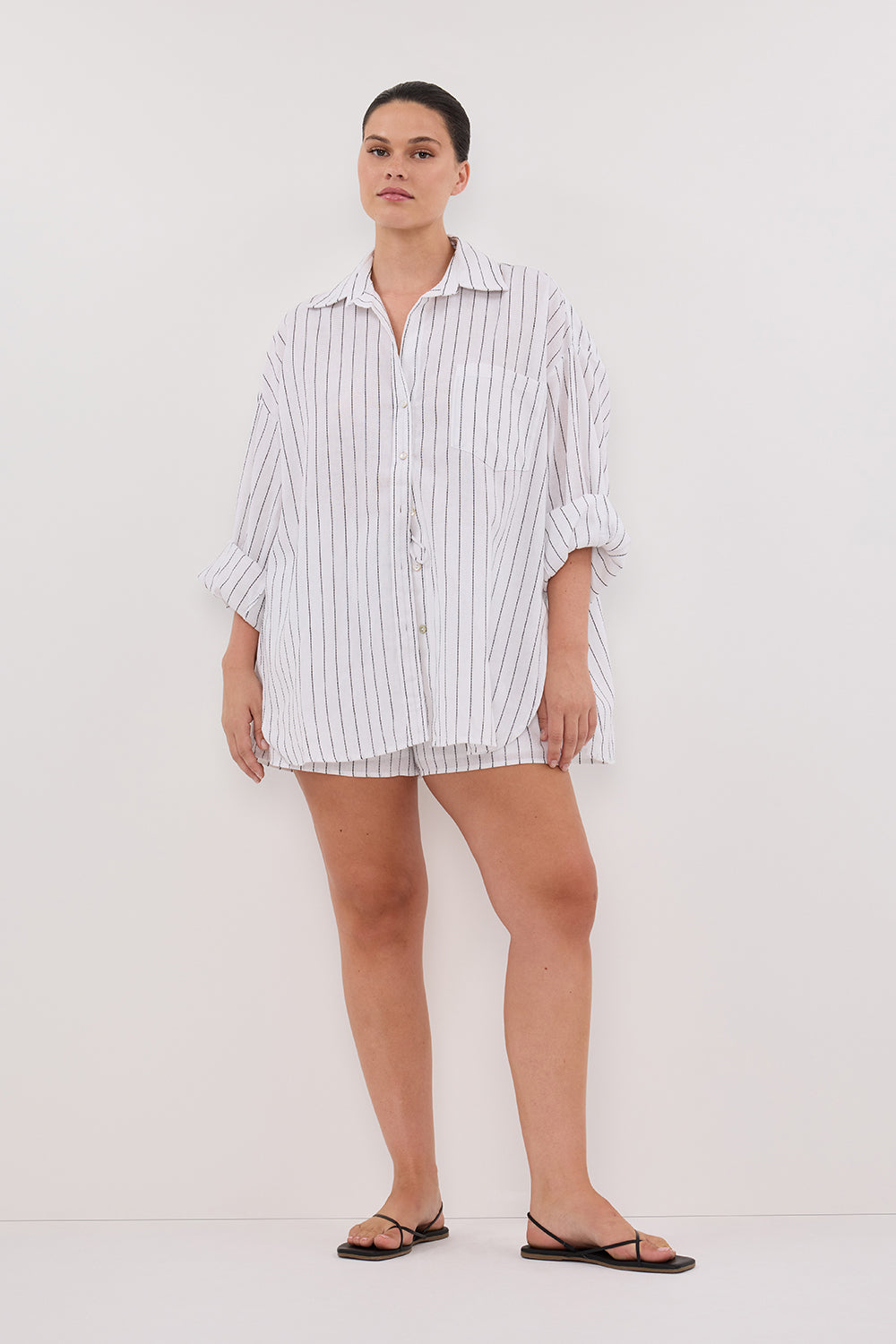 Ollie Oversized White Stripe Shirt – Collared Long Sleeve Button-Up