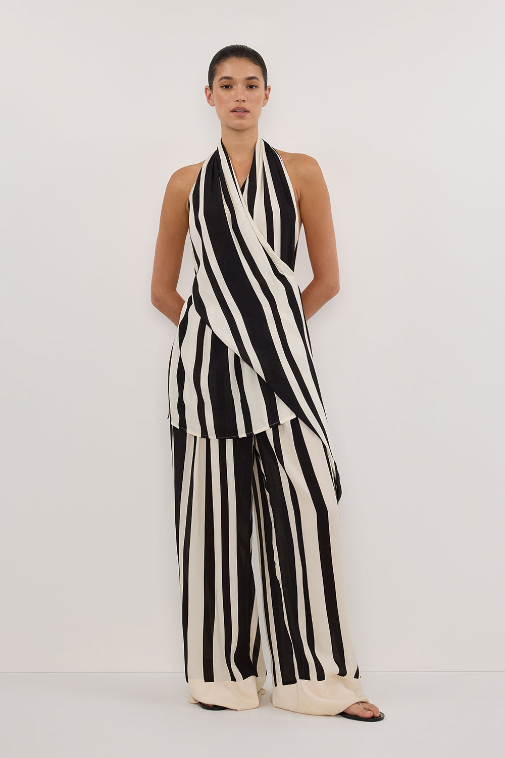 Beau Black Stripe Halter Top - Asymmetric Neckline & Open Back
