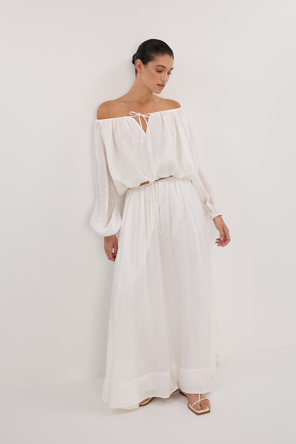 Women's White Ramie Off Shoulder Top with Drawstring & V Keyhole