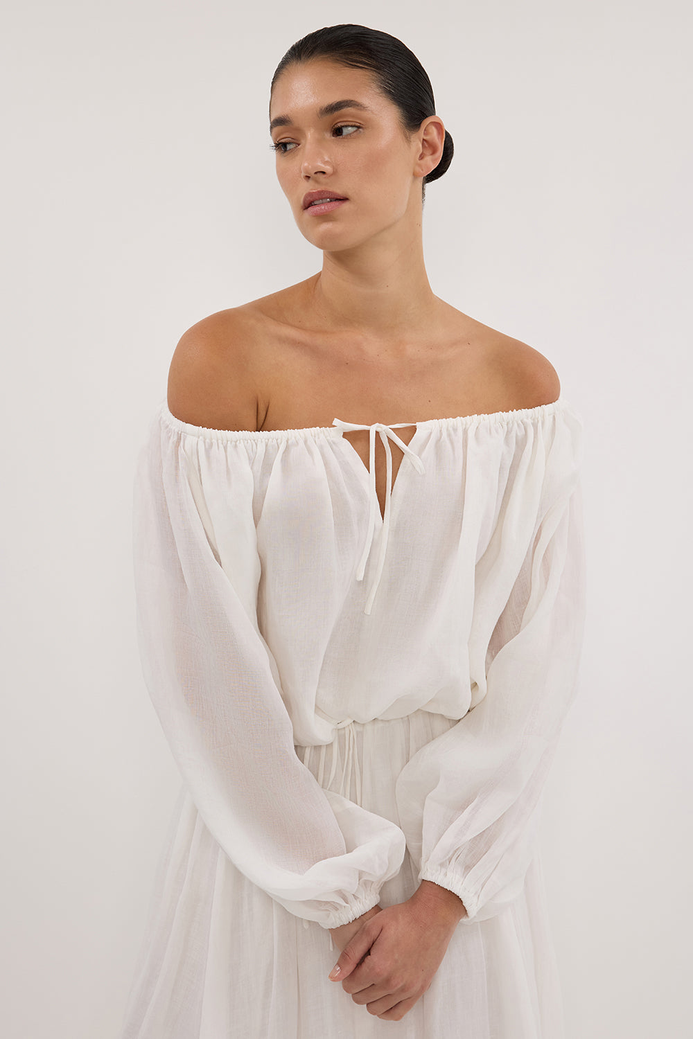Women's White Ramie Off Shoulder Top with Drawstring & V Keyhole