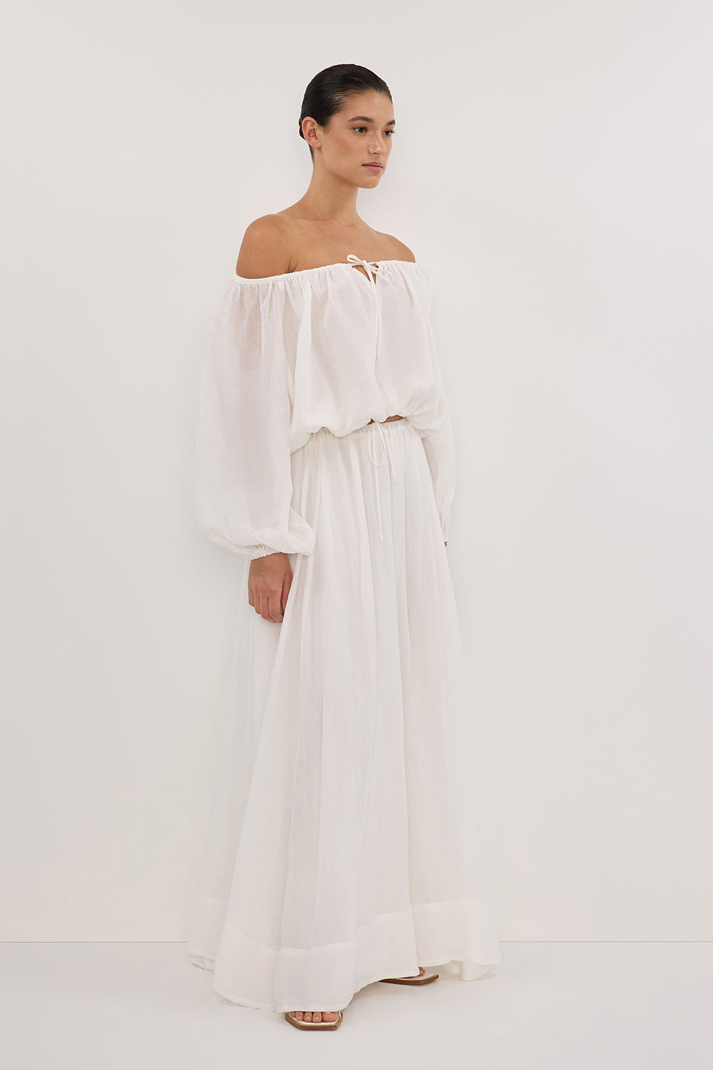 Women's White Ramie Off Shoulder Top with Drawstring & V Keyhole