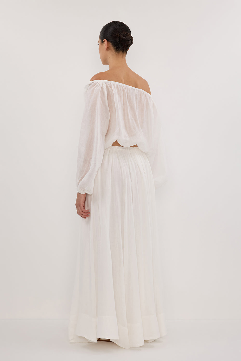Women's White Ramie Off Shoulder Top with Drawstring & V Keyhole