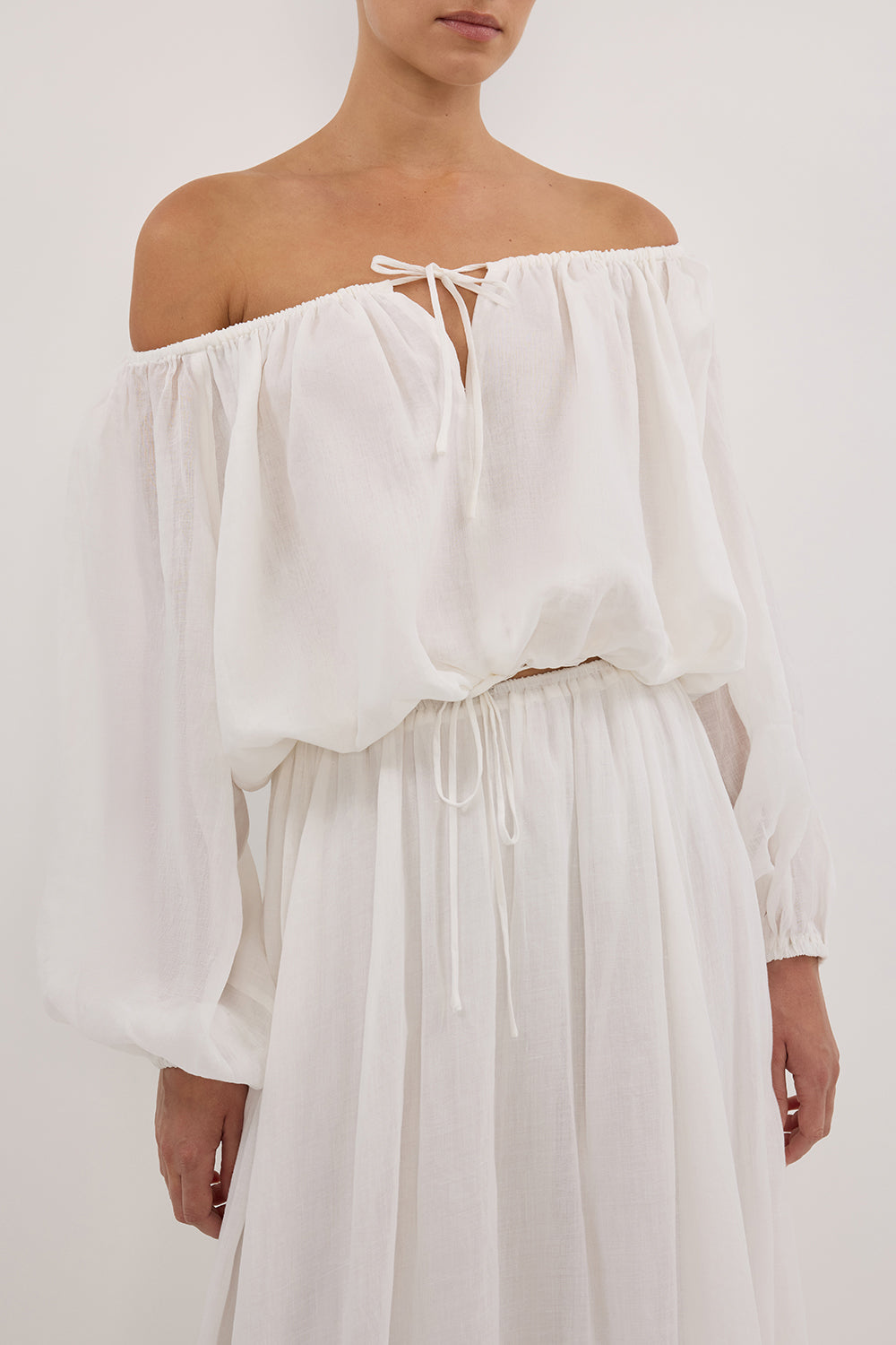 Women's White Ramie Off Shoulder Top with Drawstring & V Keyhole