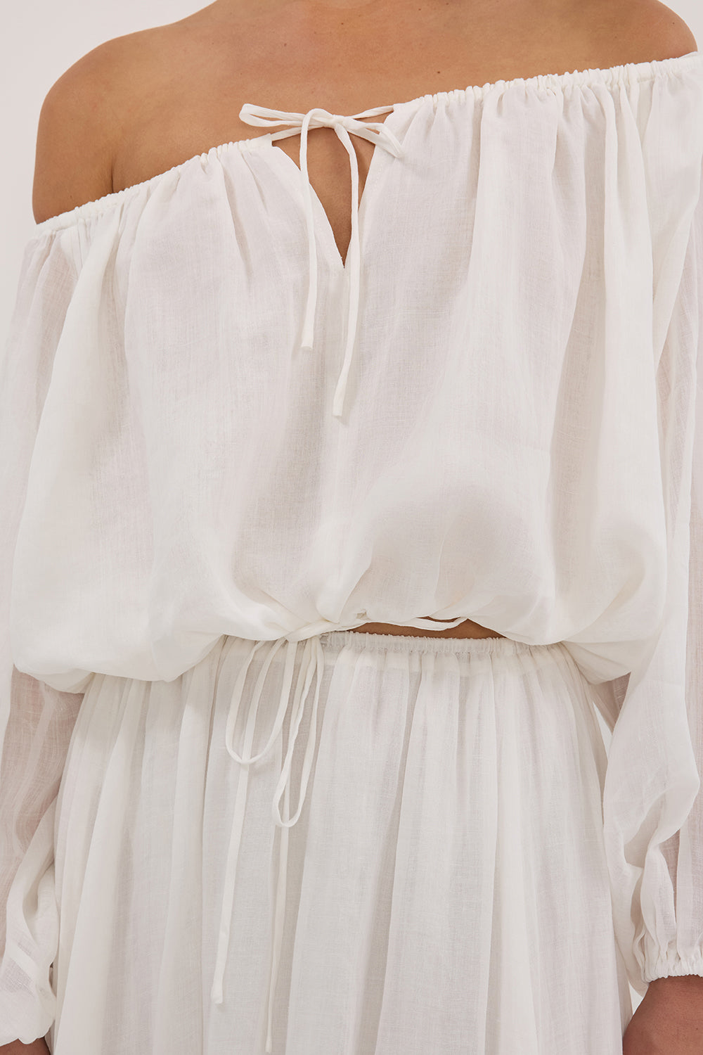 Women's White Ramie Off Shoulder Top with Drawstring & V Keyhole